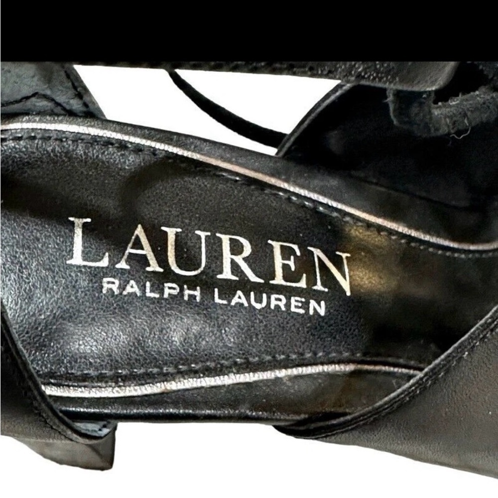 Ralph Lauren Black Leather Heels Size9.5 Tassel Lace-up Open Toe Strappy - Picture 6 of 6